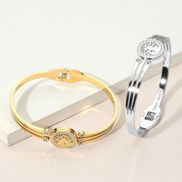 2pc Tree of Life Bangle Set CZ Accent Stainless Steel Gold Silver Tone Jewelry - Picture 1 of 5